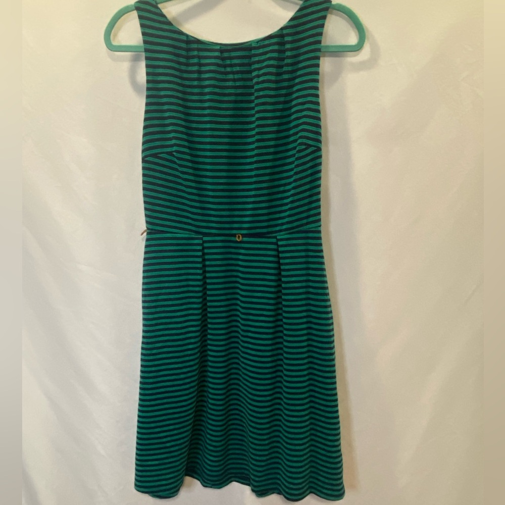 Navy Blue Green Stripe Fit & Flare Dress Medium w/ Pockets Merona